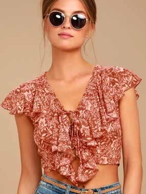 Amuse Society Solana Rust Red Floral Print Lace-Up Crop Top